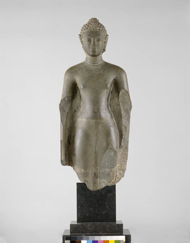 The right wall will feature a Thai standing Buddha, made of grayish blue limestone in the 7th - 8th century. It came from the Thomas D. Stimson Memorial Collection and Hagop Kevorkian