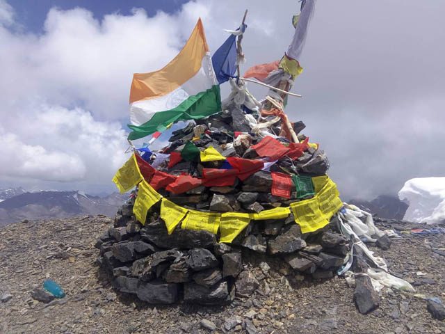 Tibetan prayer flags mark the 16,000-foot pass between Lamayuru Monastery and Sumda Chun Monastery, in Ladakh