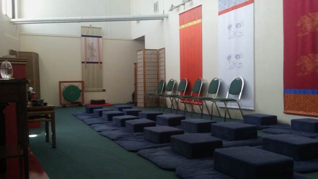 Inside the shrine room, we include chairs for the comfort of meditators not able to use the floor cushions