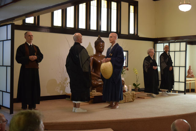 Rinzan Pechovnik Osho engages in Dharma combat to test his Zen knowledge. From left, Scott Ishin Stolnack, Rev. Gendo Testa, Rinzan Pechovnik Osho, Rev. Sendo Howells and Rev. Seifu Singh-Morales