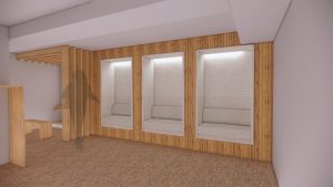 Three alcoves across the back of the room will offer privacy for meditation practice