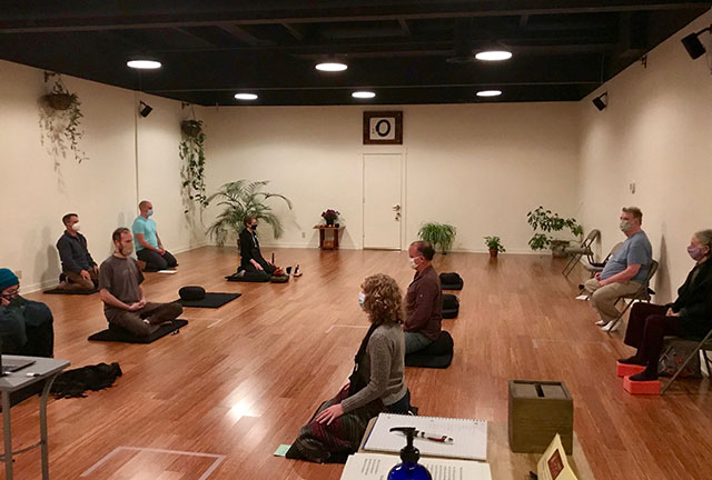 A socially distanced Sunday evening meditation at Blue Cliff Zen Center in Eugene