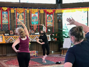 Danni Seiko Frans leading socially distanced Zen yoga during an August, 2020, Zen retreat at Saraha in Eugene