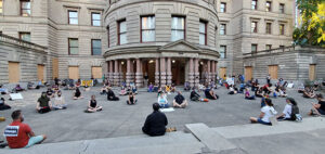 On July 21 about 300 Portland Buddhist Peace Fellowship protestors meditated for Black lives at Portland City Hall