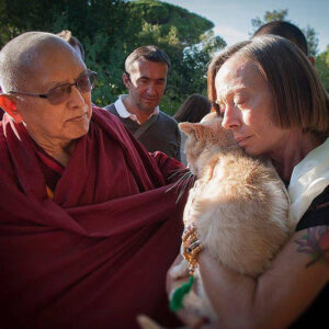 Sharon Methvin, a Buddhist  activist supporting animals’ rights, with Lama Zopa Rinpoche