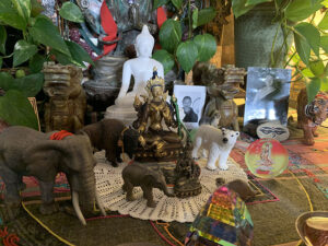 Statues of endangered species share Zhiwa Woodbury's altar with Buddhist masters