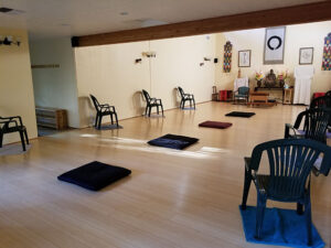 Prior to the first group retreat Diamond Meditation Hall was set up to provide well over 6 feet of spacing
