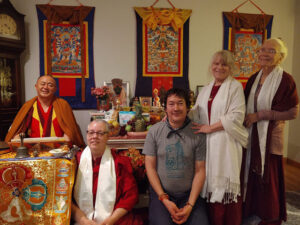 Khenpo, Katrina Pruette, Ken Webster, Jessie Christopherson, and Judie Christopherson at a Drukpa Mila Tara retreat