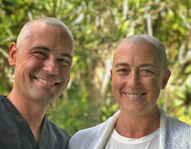 D&N photo 1 – Devon and Nico Hase with shaved heads, after both took semi-monastic vows (including celibacy) for a year