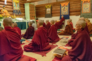 The Living Vinaya in the West nuns’ conference practice session filled the present Meditation Hall