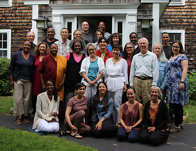 The Northwest and Western Canada candidates are in this photo of all the teachers-to-be, and their guides, taken at Insight Meditation Society in 2018 at the beginning of the program. The four are, from left: second row, Devon Hase, Vance Pryor and Rachel Lewis; third row, Tuere Sala