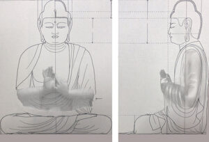 A drawing of the planned Peace Pagoda Buddha sculpture by Thomas Matsuda, utilizing elements from different statues