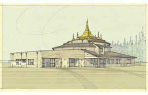 An artist’s rendition of the pagoda and meditation hall