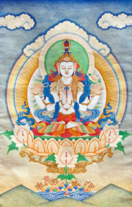 A thangka of the Tibetan yidam of compassion Chenrezig (Avalokiteshvara in Sanskrit), painted by Sanje in 1976