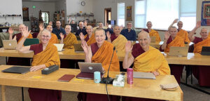 Dharma study is a cornerstone of monastic training. The dining room serves as a classroom to hear teachings from Tibetan masters via Zoom