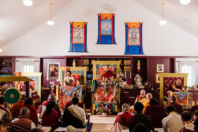 His Holiness Rabjam Rinpoche, and Tulku Sangak Rinpoche, perform ceremonies and rituals in the meditation hall at Bodhi House