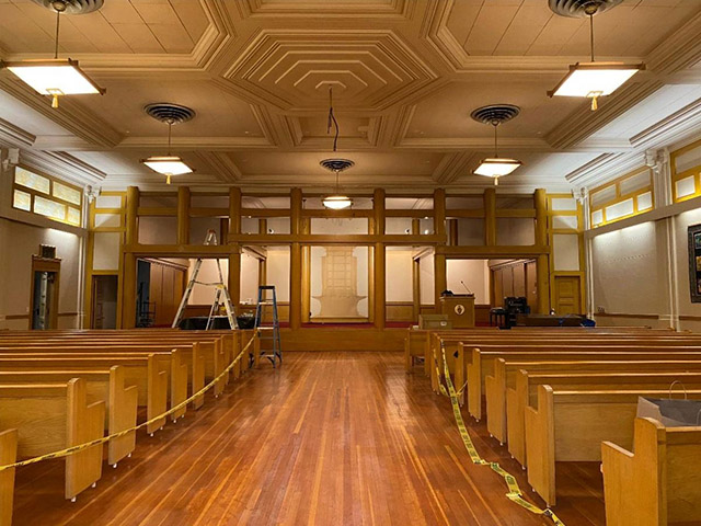 The main hall of Seattle Betsuin yawns empty, after fire-damaged adornments of the hall and inner altar were sent to Kyoto, Japan, to be refurbished. Photos  by: Photos courtesy  of Seattle Betsuin Temple