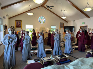 The Dharma Drum Mountain nuns lead a procession in which everyone chants the Buddha Amitabha’s name