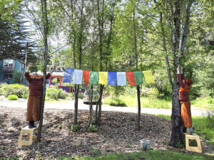 Ayya Anandabodhi & Samaneri Junha putting up prayer flags