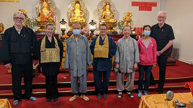 Celebrating the transfer of temple stewardship. L to R: David Shojin Stanley; Lee Ann Kyoan Nail; Master Lee Chung; Jyoshin Clay, interpreter; Kirk Yatta Jarvie