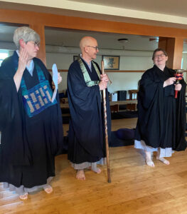 Myoshin Kate McCandless and Shinmon Michael Newton, guiding teachers of Mountain Rain Zen; plus Kanshin Allison Tait, resident teacher Seattle Soto Zen