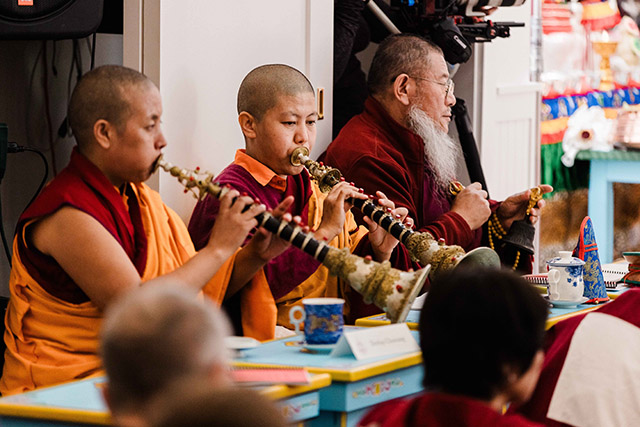 Jetsünma and Dorlop Chönyi Sangmo playing traditional instruments during a ceremony at the Namchak Retreat Ranch