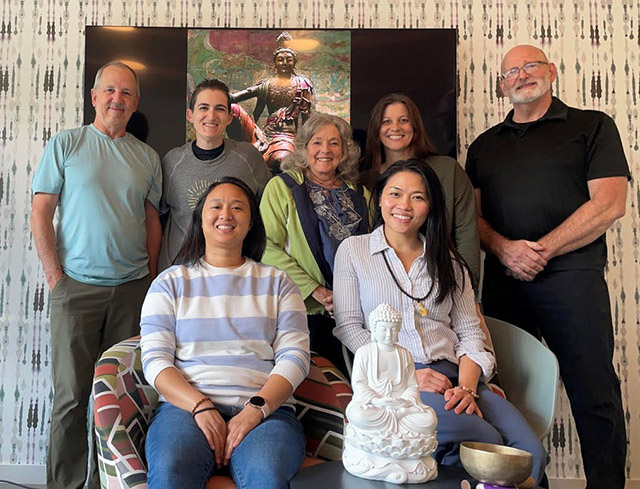 Pacific Northwest Meditation Community leadership: front row L to R: Rachelle Gabrang, Trina Truong; back row (L to R): Rob Morse, Kat Selah, Candle Summers, Elowyn Loomis, Jonathan Johnson