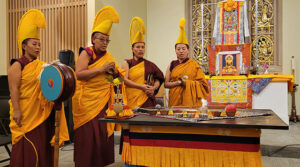 The nuns chant and play instruments to consecrate the site. Left to right: Sonam Dolma, Geshema Yeshi Sangmo, Chung Dolma, Sherab Dolma