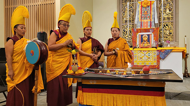 The nuns chant and play instruments to consecrate the site. Left to right: Sonam Dolma, Geshema Yeshi Sangmo, Chung Dolma, Sherab Dolma