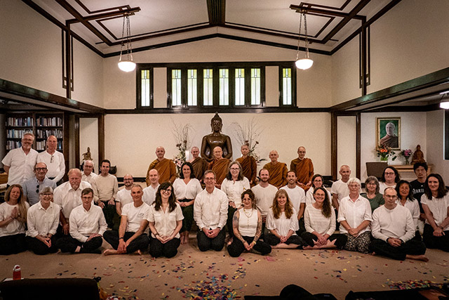 The Portland Friends of the Dhamma community gathered for a June, 2024 weekend of meditation and ceremony with senior monks from Abhayagiri Buddhist Monastery, to celebrate the spiritual director transition