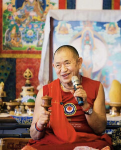 His Eminence Garchen Rinpoche, for whom Drikung Seattle was originally created, with his beloved handheld prayer wheel