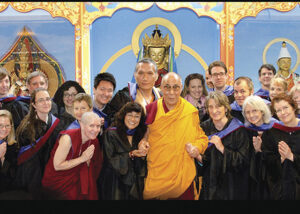 His Holiness the Dalai Lama with graduates, faculty, and staff, in the Maitripa Jokhang during the 2013 Environmental Summit hosted by Maitripa College