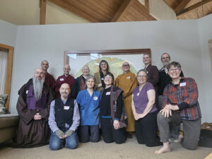 The group on the second day. Front from left; Fa Hsing Jeff Miles, John Craycraft, Zoe Darling, unnamed, Meg Critchlow, Ruth Russo. Back from left; Venerable Thubten Gyatso, Venerable Thubten Ngawang, Genko Rainwater, Daio, Yinxin Brother River, Bhikshuni Yincheng, Dennis McDermot.