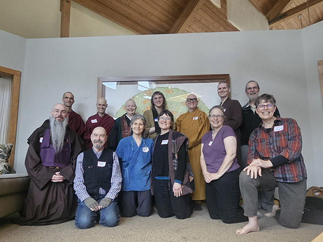 The group on the second day. Front from left; Fa Hsing Jeff Miles, John Craycraft, Zoe Darling, unnamed, Meg Critchlow, Ruth Russo. Back from left; Venerable Thubten Gyatso, Venerable Thubten Ngawang, Genko Rainwater, Daio, Yinxin Brother River, Bhikshuni Yincheng, Dennis McDermot.