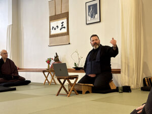 Chris Middleman gives a way-seeking-mind talk. Pictured at left is Shinmon Michael Newton, guiding teacher at Mountain Rain Zen Community in Vancouver, B.C
