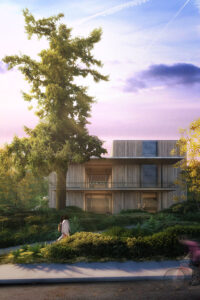 A rendering of the  planned Camas Hall, showing the plentiful glass, and natural hues, that will be features of the building