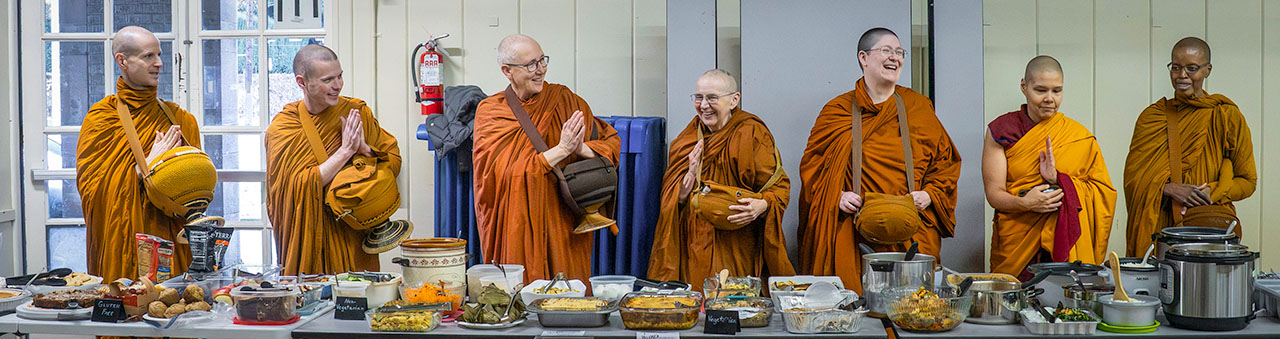 Reflecting the deep and growing harmony between female and male monastics in the Puget Sound region, these seven gathered for a Saturday morning Clear Mountain Monastery event this fall, just before giving traditional blessings to the rich array of food lay people had brought as offerings.