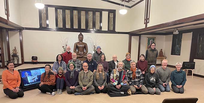 Members of the Wise Spirit sangha online and in-person, celebrating an anniversary at Portland Dhamma Center.