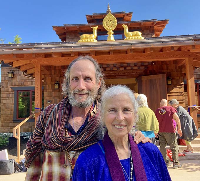 Authors Michelle and Joel Levey at the Yeshe Long Buddhist temple on Whidbey  Island, northwest of Seattle.