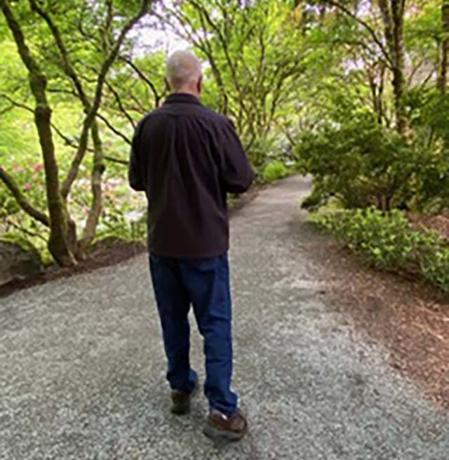 Katsuryu Bill Cooper, taking a break, in the bountiful Bellevue Botanical Garden