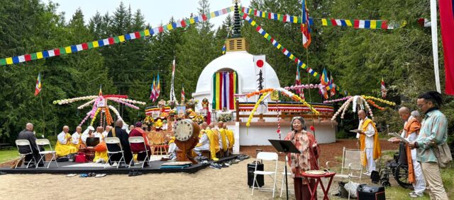Buddhists and others from around the Northwest, and around the world, gathered on in Kitsap County May 23 to consecrate a peace stupa. The stupa, only yards from the fence line of the Hood Canal Bangor submarine base and its nuclear missiles, was completed only after overcoming 45 years of opposition
