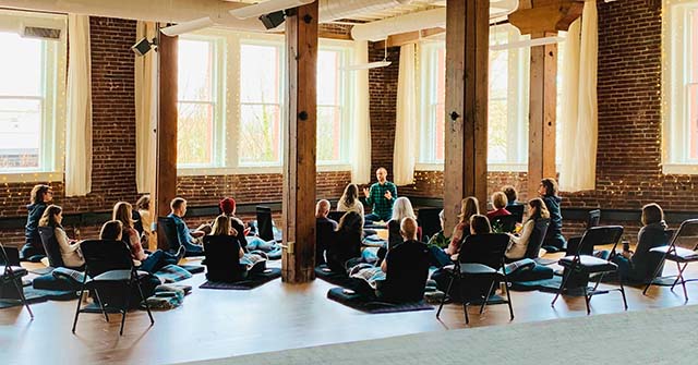 David Sudar teaching an intro to meditation workshop at Pause Meditation Studio